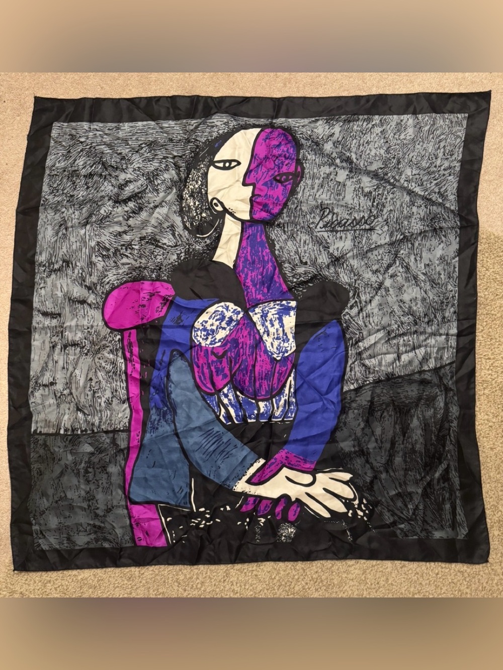 Vintage silk scarf 33” Picasso - Portrait in Purple, Blue and Black
